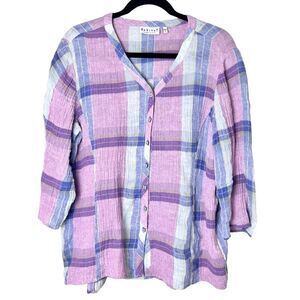 Habitat Linen Crinkle Plaid Button Up Blouse 3/4 Sleeve Top Sz M